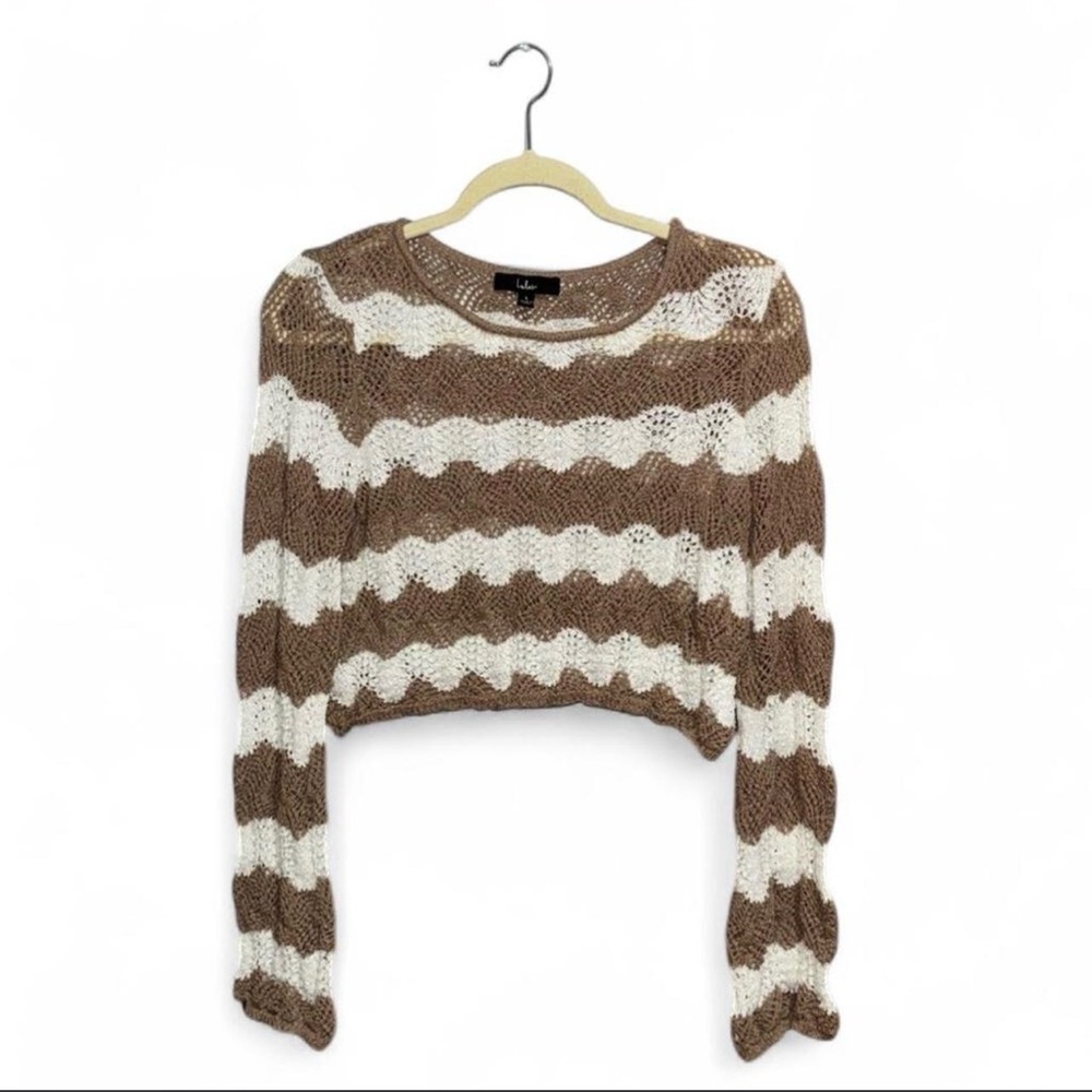 Lulus Natural Sweetheart Tan and White Striped Crochet Sweater Womens Size Large